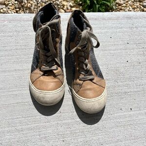 Brown Leather & Charcoal Knit High-Top Sneakers